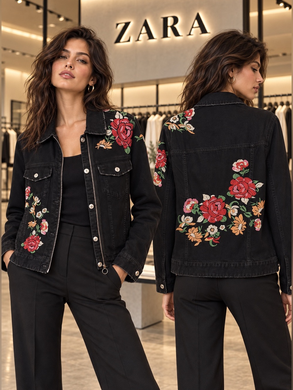 Zara TRF Black Floral Embroidered Denim Zip Jacket Size S